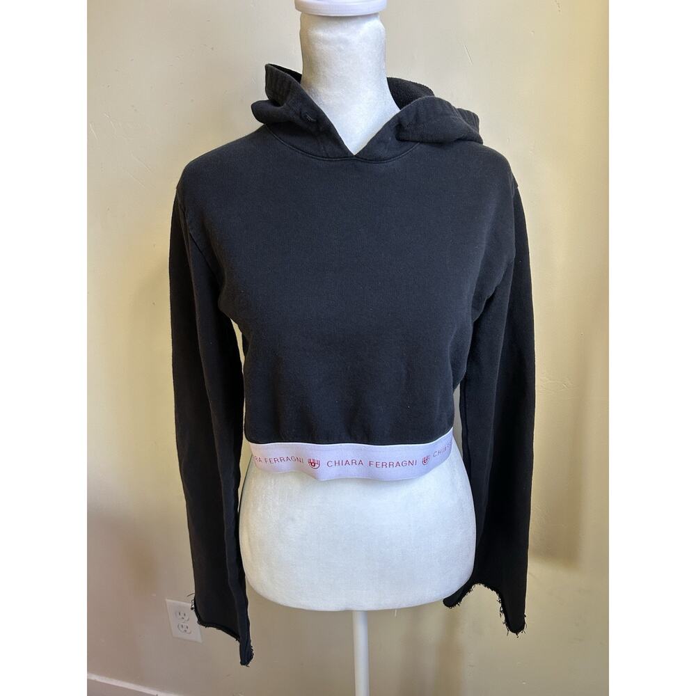 ▶️ Chiara Ferragni Cropped Hoodie Womens XS Black Logo Bell Sleeve Pullover